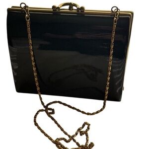 1950-1960’s Elegant Black Patent Leather  and Gold Chain Women's Bag
